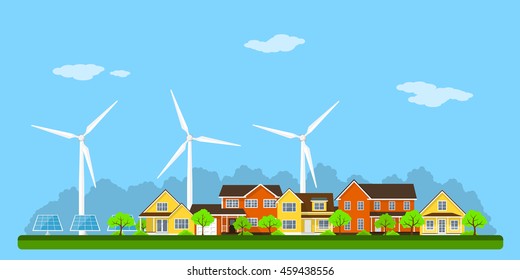 green eco city with private houses, panel houses, wind turbines and solar panels, flat style concept for renewable energy and eco technologies