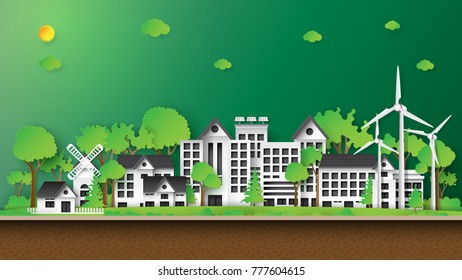 Green eco city and renewable energy of environment conservation concept.Nature landscape background paper art style.Vector illustration.