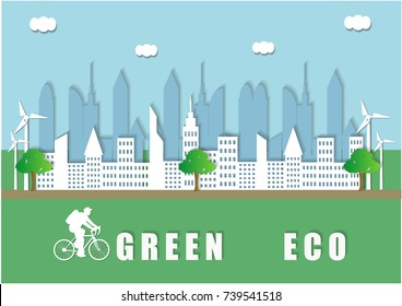 Green Eco city. Save world save life. Paper art.