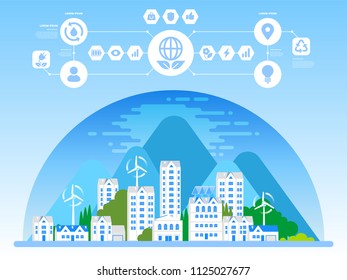 Green eco city and sustainable architecture banner. Vector illustration. Buildings with solar panels and windmills. Happy clean modern city. Save the planet. Creative concept of Eco Technology.