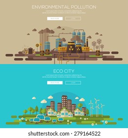 Green eco city with sustainable architecture and environmental pollution by factory toxic waste. Vector illustration banners set. 