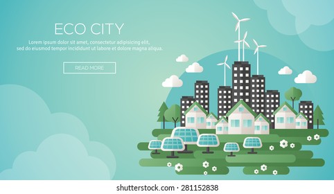 Green eco city and sustainable architecture banner. Vector illustration. Buildings with solar panels and windmills. Save the planet