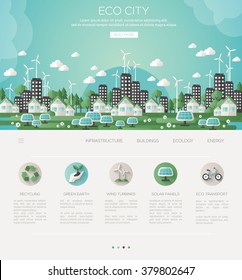 Green eco city and sustainable architecture banner. Vector illustration. Buildings with solar panels and windmills. One page web design template with flat icons. 