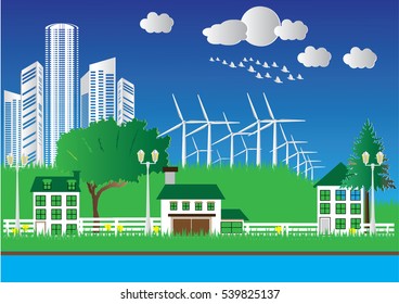 Green eco city and sustainable architecture banner. Vector illustration. Buildings with solar panels and windmills. Happy clean modern city. Save the planet. Creative concept of Eco Technology.