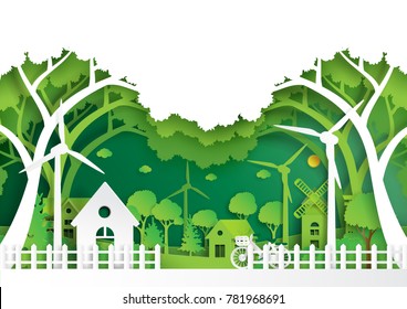 Green eco city and urban landscape of environment conservation concept.Nature green background paper art style.Vector illustration.