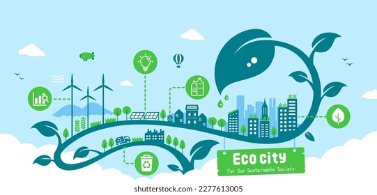 Ilustración de pancartas ecológicas de la ciudad ecológica (SDG, concepto de ecología, conservación de la naturaleza)