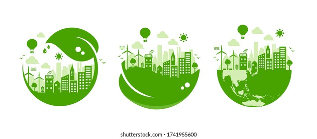 Green eco city vector illustration set ( ecology concept , nature conservation)