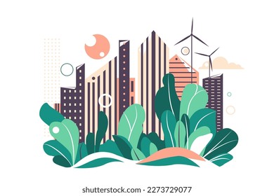 Green eco city vector illustration. Ecology background with skyscraper cityscape, park tree landscape, sun and wind turbines for generation electricity.