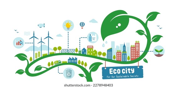 Ilustración de vectores ecológicos de ciudades ( SDG, concepto de ecología, conservación de la naturaleza )