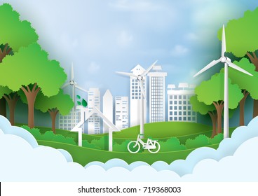 Green eco city.Save the world and environment concept.Urban landscape for green energy paper art style.Vector illustration.