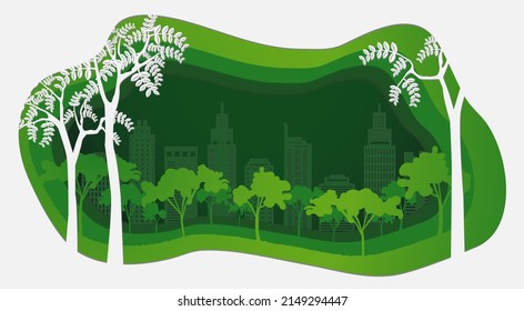 Green eco cityscape abstract paper cut background.Vector paper cut style.