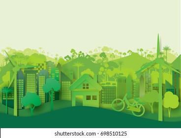 Green eco cityscape abstract paper cut background.Paper art style of nature and environment concept design.Vector illustration.