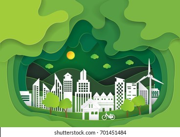 Green eco cityscape abstract paper cut background.Paper art style of nature and environment conservation concept design.Vector illustration.