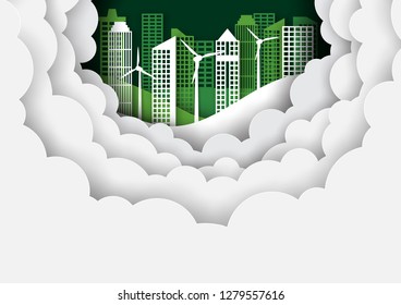 Green eco cityscape background template paper art style.Ecology and environment conservation creative idea concept.Vector illustration.