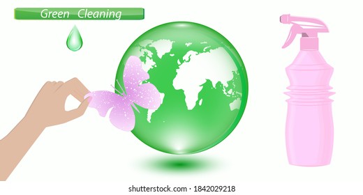 Eco verde limpio - globo, mano sujeta una mariposa, botella de spray desinfectante - vector. Productos ecológicos de limpieza. Estilo de vida de basura cero
