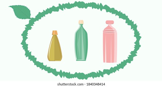 Grüne Öko-Reinigung - Abstrakter Rahmen, Flaschen - Vektorgrafik. Öko-Naturreiniger. Zero-Abfall-Lifestyle