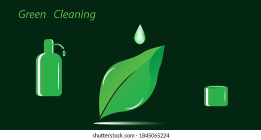 Green eco cleaning - desometer, leaf, dark background - vector. Eco natural cleaning products. Zero waste lifestyle.