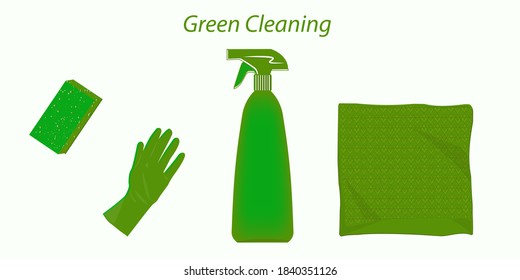 Green eco cleaning - spray, tech napkin, glove, sponge - vector. Eco natural cleaning products. Zero waste lifestyle