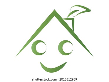 Green and eco color smiling house roof icon.