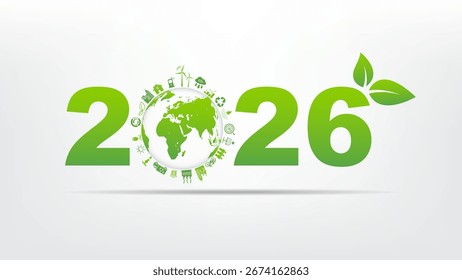 Green eco concept 2026 with globe, sustainable energy icons, and leaf design. Perfect for environment, renewable resources, climate change, Earth Day, and sustainability future projects.