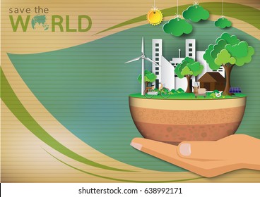 Green Eco concept background.Eco life in green city with save the world concept design.Vector illustration.