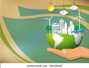 Green Eco concept background.Eco life in green city with save the world concept design.Vector illustration.