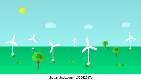 Green eco concept - wind energy. Field with wind turbines - vector illustration. Alternative power energy technology. Element of design or infographic. Template, banner, background.