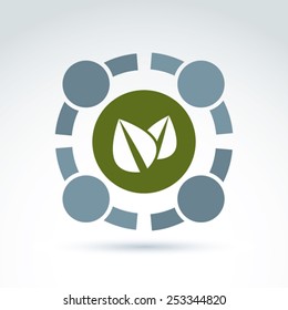 Green eco conceptual symbol, ecology association sign, abstract teamwork emblem. Vector round icon on nature and environment theme.  