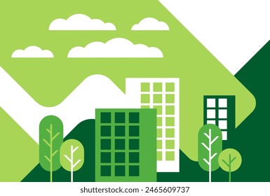 Green Eco Construction and Building decorative pattern - house designed to be environmentally sustainable, utilize sustainably sourced and eco-friendly. Simple geometric banner