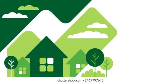 Green Eco Construction and Building decorative pattern in flat geometric style. House designed to be environmentally sustainable, utilize sustainably sourced and eco-friendly. Vector banner