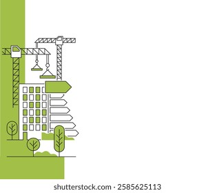 Green Eco Construction and Building decorative layout margin decoration, thin line and green color. House designed to be environmentally sustainable.