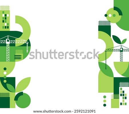 Green Eco Construction and Building decorative layout margin decoration, green colors and geometric style. House designed to be environmentally sustainable.