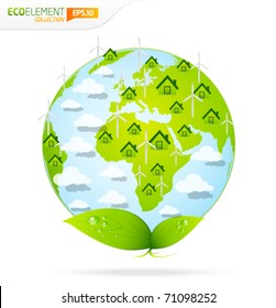 Green eco earth globe with houses and wind turbines