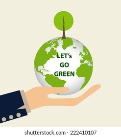 Green Eco Earth, Hand holding Green earth with tree. Vector Illustration.