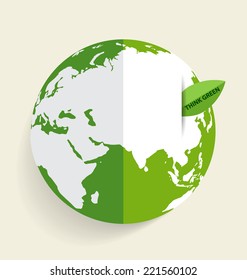 Green Eco Earth, Green earth with green leaf. Vector Illustration