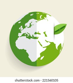 Green Eco Earth, Green earth with green leaf. Vector Illustration