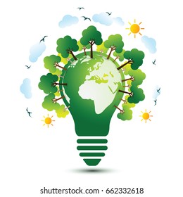 Green Eco Earth with light bulb ecology concept ,vector illustration