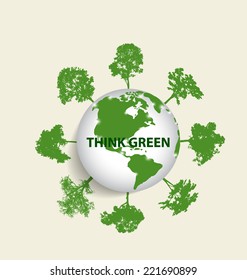 Green Eco Earth, Green earth with trees. Vector Illustration