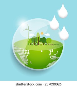 Green Eco Earth with water drop. Vector Illustration.