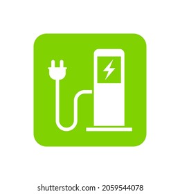 Green eco electric fuel pump icon, Charging point station for hybrid vehicles cars square sign, isolated on white background, Vector illustration