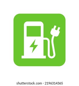 Green eco electric fuel pump icon, Charging point station for hybrid vehicles cars square sign, isolated on white background, Vector illustration