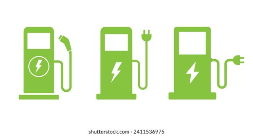 Green eco electric fuel pump icon set. Ev charging station sign. Vector illustration