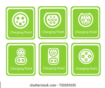Green Eco Electric Fuel Pump Vector Icon . Road sign template of electric vehicle. Vector illustration of minimalistic flat design Charger input options.