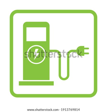 Green eco electric fuel pump icon, Charging point station for hybrid vehicles cars square sign, isolated on white background, Vector illustration