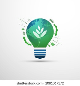 Green Eco Energy, Carbon Neutrality Concept Design with Symbols of Various Alternative Energy Solutions, Trees, Forest, Green Transportation - Earth Globe Inside of a Light Bulb  - Vector Design 