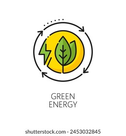 Green eco energy, clean power outline icon. Renewable green energy source, clean electricity generation power station linear vector icon or color pictogram with lightning green bolt and leaves