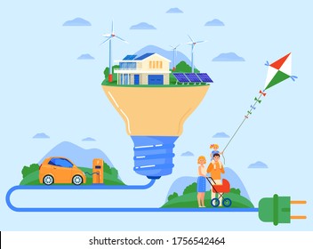 Green eco energy concept, Vektorgrafik. Cartoon flache kreative Glühbirne Idee, freundliches Umwelt-Heim-Ökosystem mit glücklichen Familienmitgliedern, Energie-Stecker-Technologien zum Schutz der Umwelt