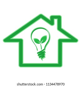 Green eco energy efficiency concept with house icon and light bulb with plant leaves, stock vector illustration
