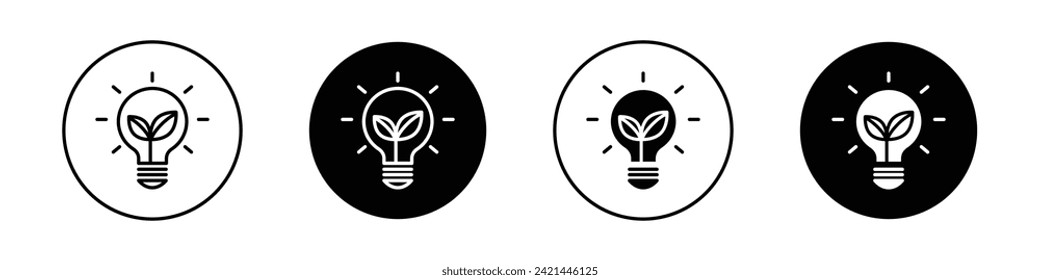 Green Eco Energy Icon Set. Sustainable eco electric lightbulb Vector Symbol in Black Filled and Outlined Style. Environment Friendly electric idea Sign.