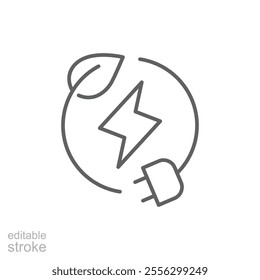 Green eco energy icon. Simple outline style. Clean power, transition, lightning in circle with plant leaf and plug, renewable concept. Thin line symbol. Vector illustration isolated. Editable stroke.